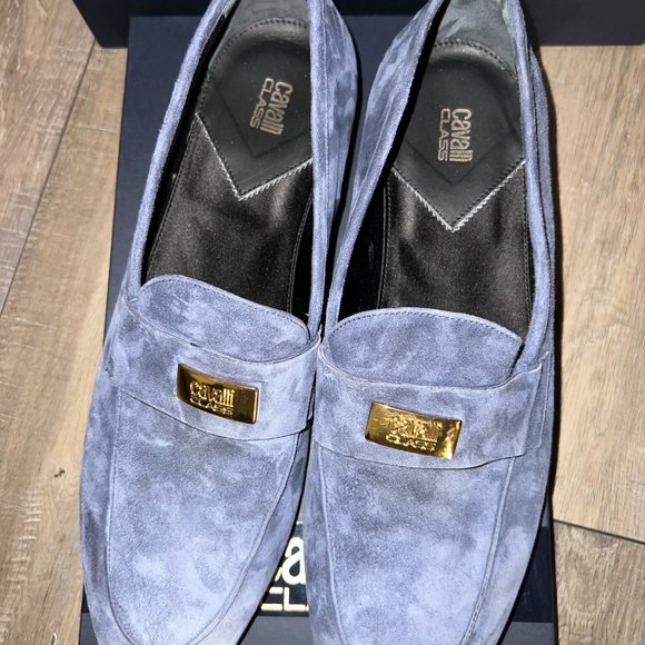 CAVALLI CLASS Logo Suede Loafers - Blue, Mens Size 13